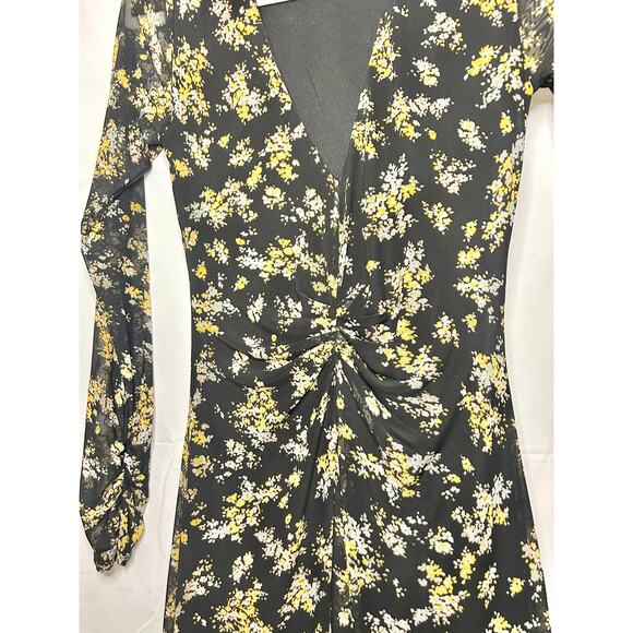 AFRM Tezza Black & Yellow Floral Ruched Mesh Bodycon Midi Dress XS - Picture 6 of 9